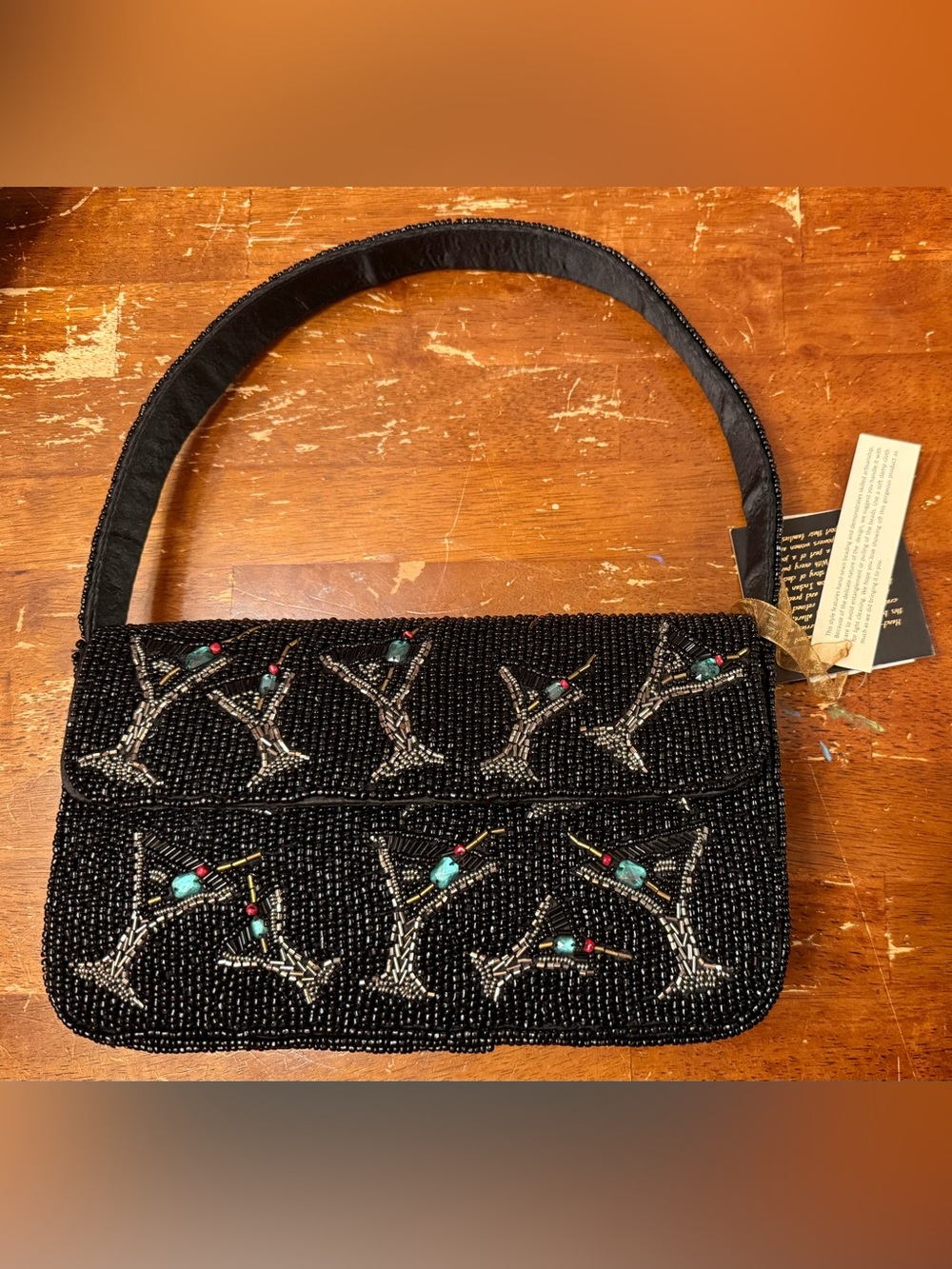 Black Beaded Evening Clutch with Turquoise Accent Beadwork